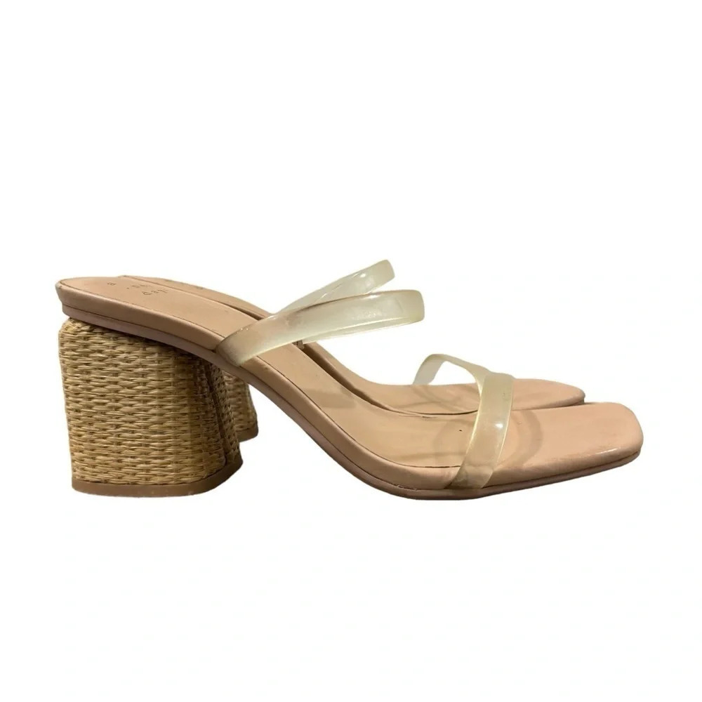 A New Day Miley Beige Woven Block Heel Clear Strap Slip On Sandals 8